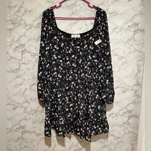 Wayf Black Pink Floral Tiered Peasant Long Sleeve Mini Tunic Dress